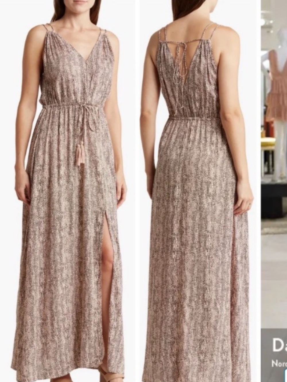 Elan Taupe-Brown V-Neck Maxi Dress with Tie Waist side slit size S - Picture 3 of 4